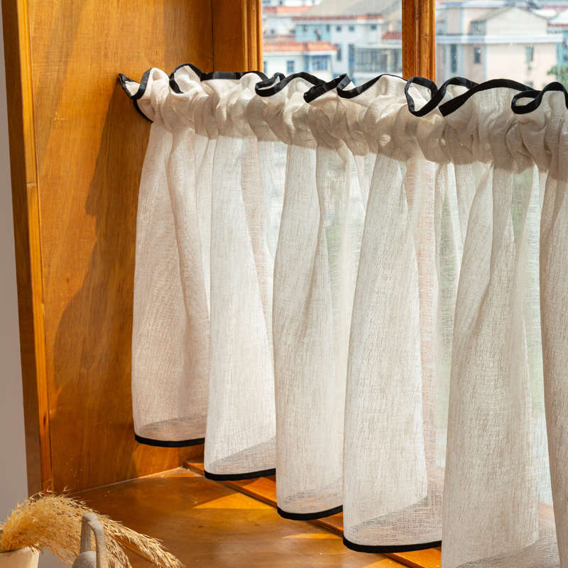 速发半截厨房门帘飘短黑边户免短帘小窗帘孔打窗窗半帘帘短款隔断