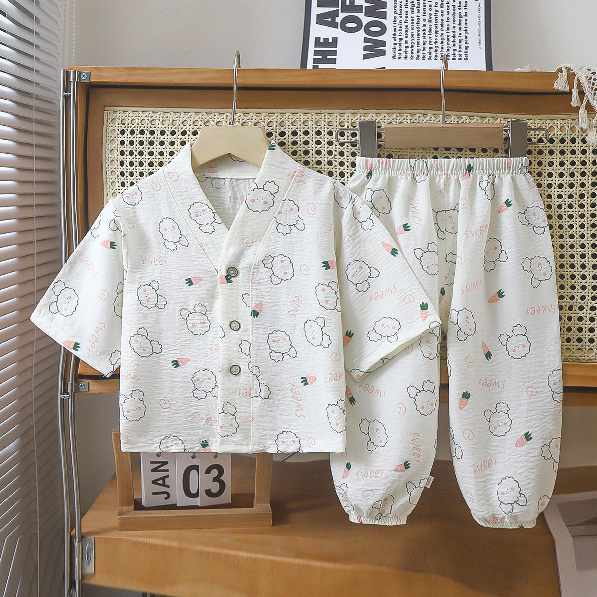 夏款儿童云朵棉家居服套装开衫空调服宝宝防蚊裤可开档