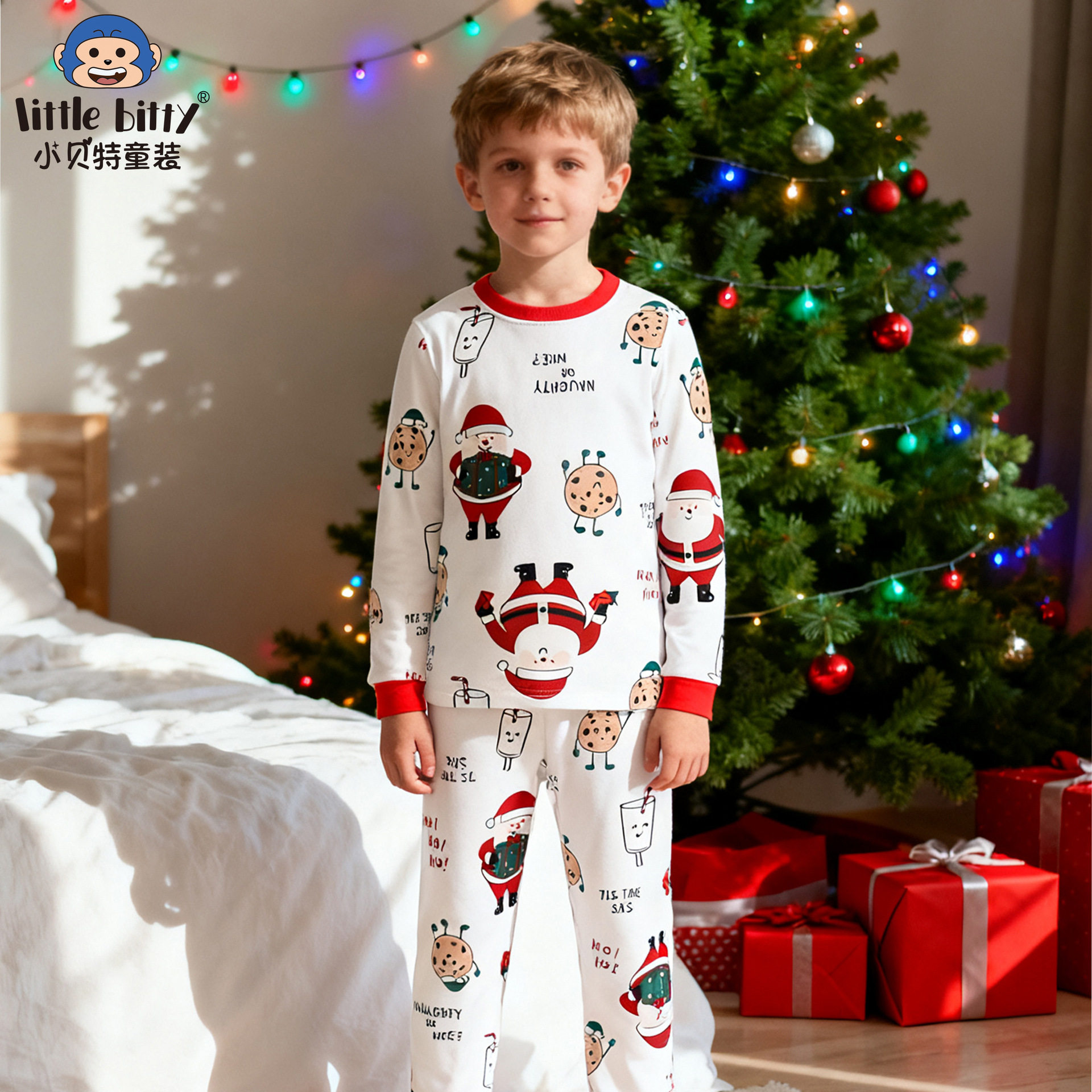 跨境货源25年秋冬季圣诞节儿童睡衣套装卡通印花圆领家居服现货