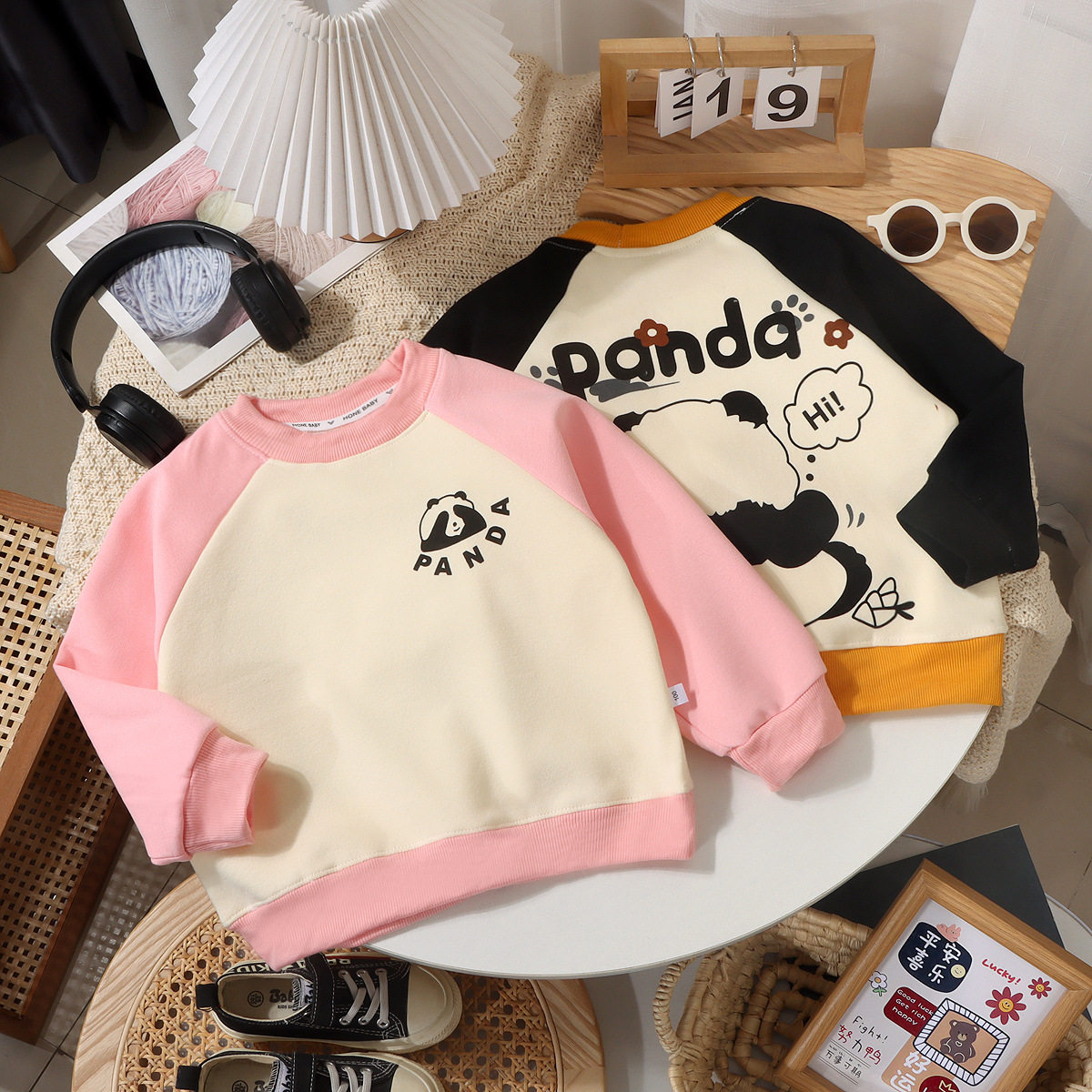 2026新款男童秋装儿童休闲春秋款熊猫圆领卫衣女童插肩长袖上衣潮