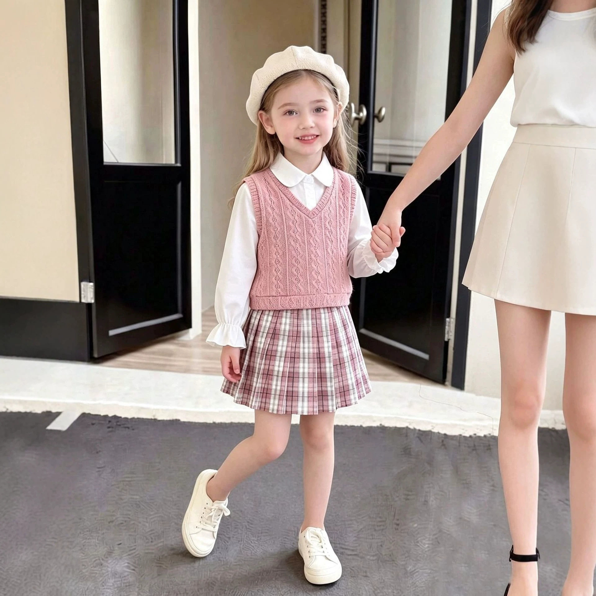 女童学院风三件套儿童针织马甲衬衫格纹百褶裙秋季女童洋气套装潮