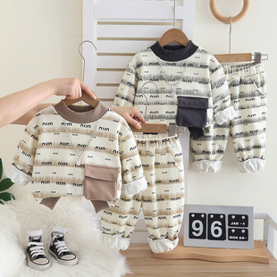 男童秋冬装2025新款洋气加绒满身字母卫衣套装宝宝冬季衣服婴儿潮