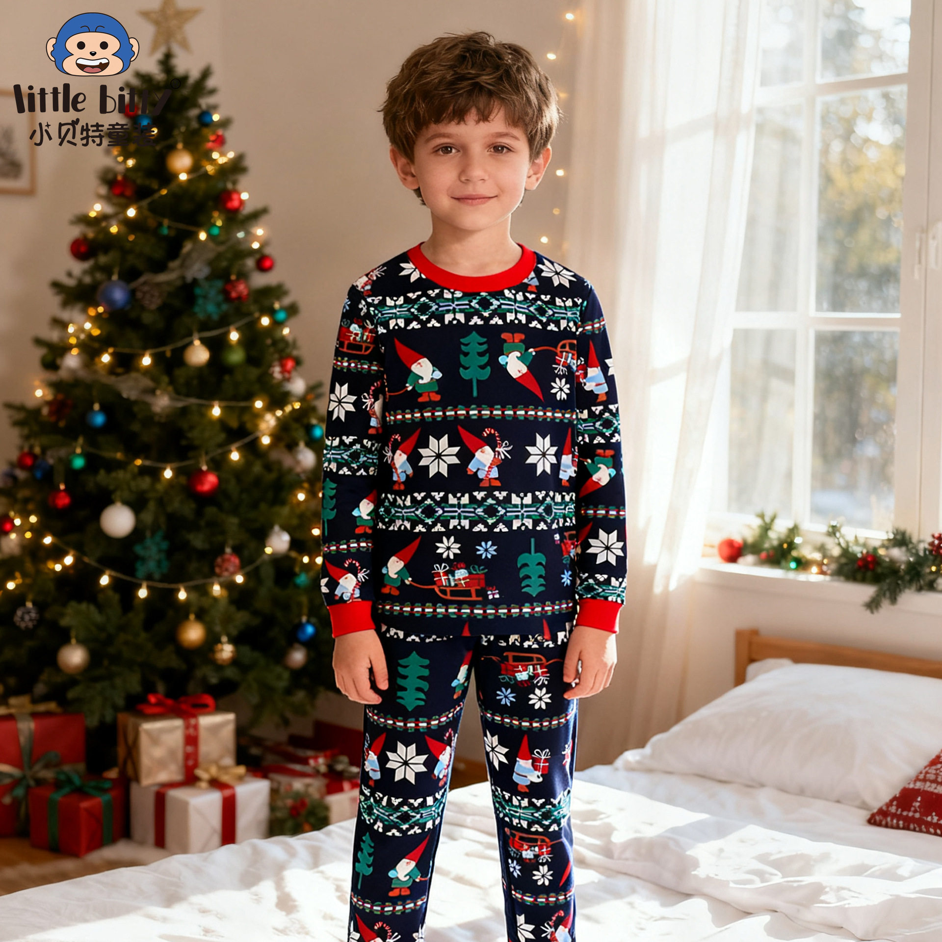 欧美风25年秋冬季新款中小童两件套圣诞节印花圆领紧身睡衣家居服