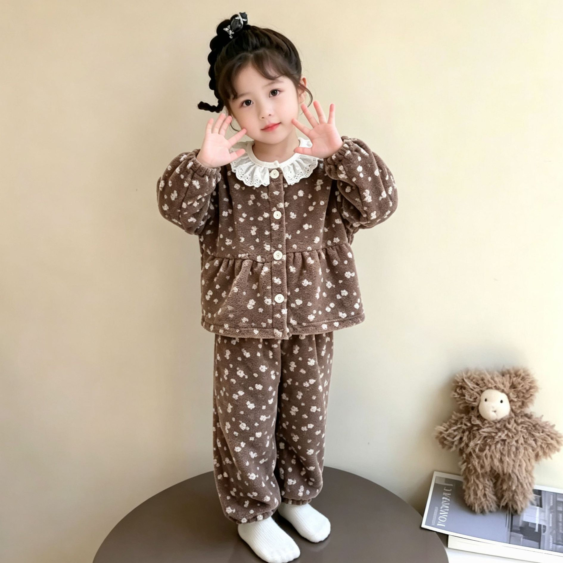 儿童秋冬款家居服睡衣女童韩版甜美开衫保暖睡衣宝宝花边套装童装