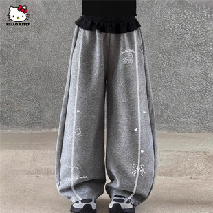 女童秋季休闲伞兵裤2025新款中大童装秋装宽松卡通弯月裤