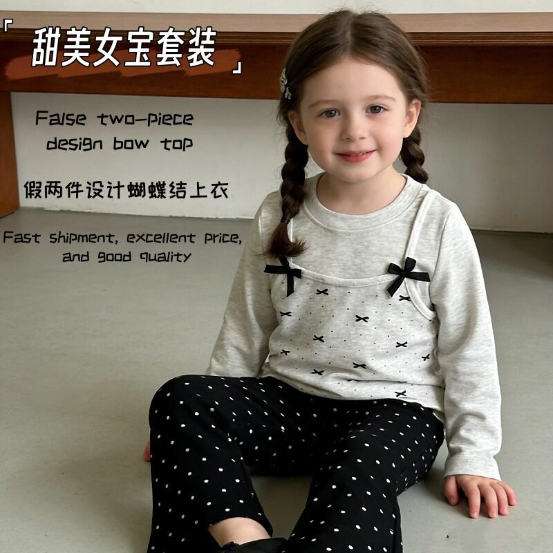 2026春秋季中小童女宝宝蝴蝶结假两件长袖上衣洋气喇叭裤两件套装