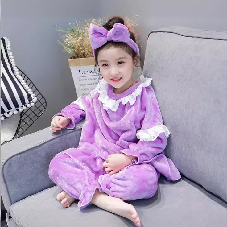 冬装新款韩版女童家居服套装法兰绒花边长袖睡衣长裤两件套发箍