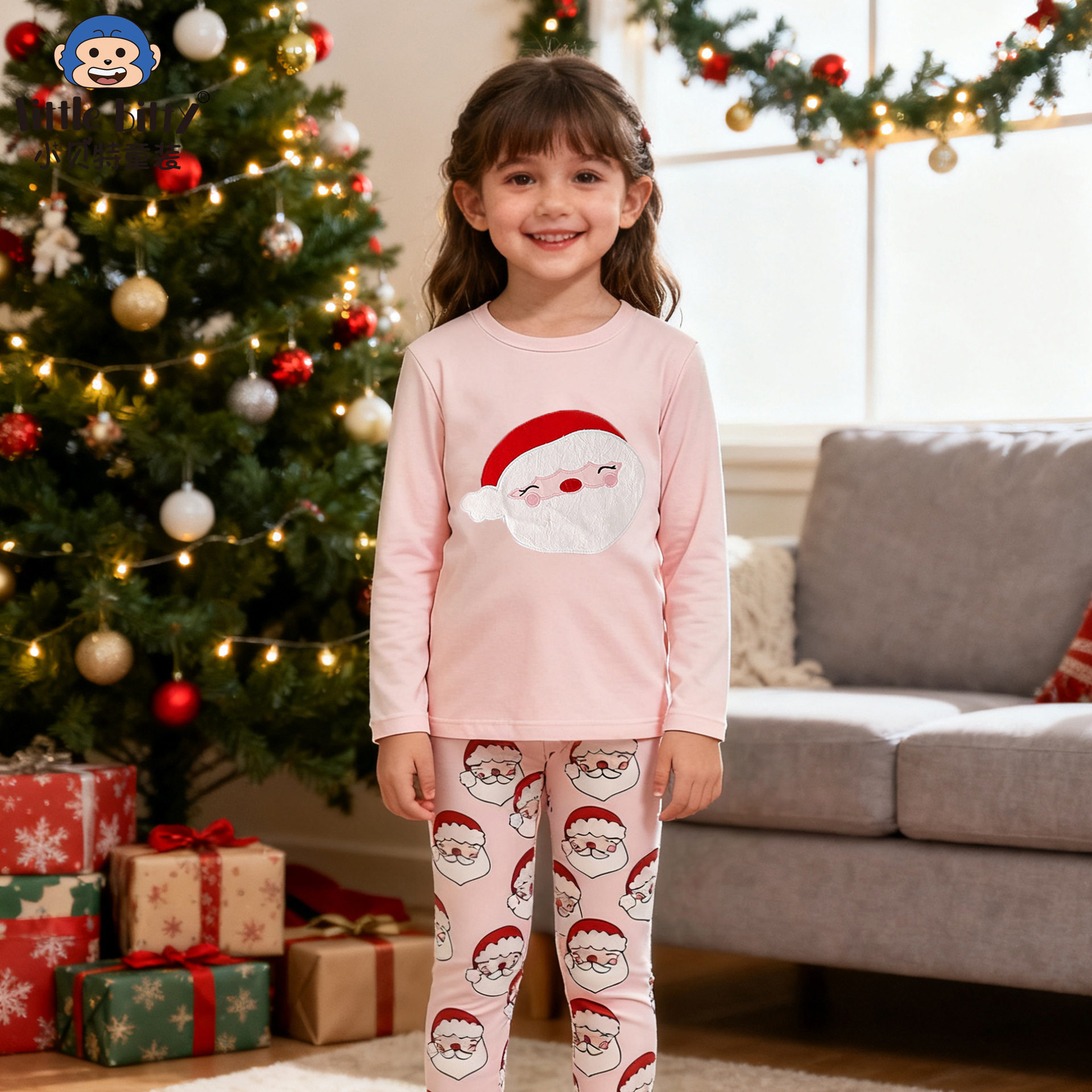 跨境童装圣诞节儿童家居服套装卡通圣诞老人绣花紧身睡衣现货批发