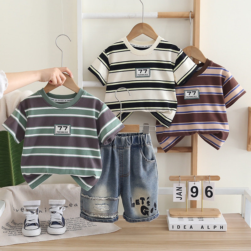 儿童夏季套装男童夏款条纹圆领短款两件套男宝宝夏装潮一件代发
