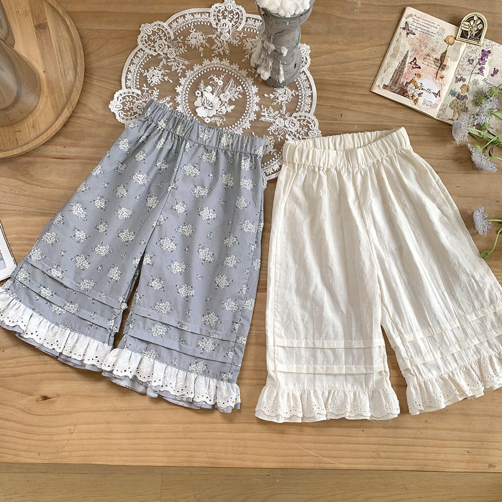 Cutemily童装夏女婴童棉质碎花防蚊裤女宝花边撞色透气阔腿长裤