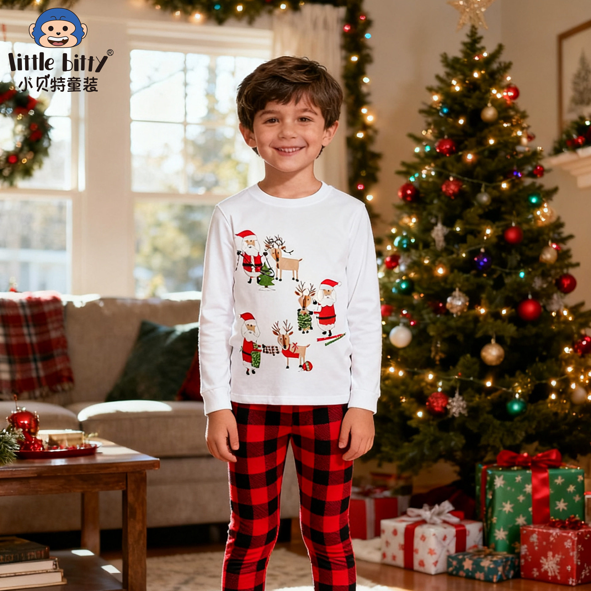 欧美圣诞节秋冬季儿童长袖套装卡通圣诞印花紧身家居服睡衣批发