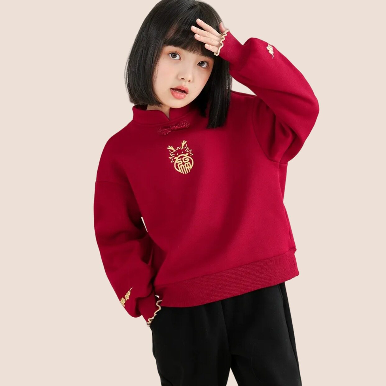 女童加绒卫衣儿童红色国风拜年服冬季2026新款洋气加厚新年装童装