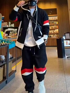 2023秋冬季新款男士运动卫衣套装时尚拼色连帽开衫束脚裤两件套