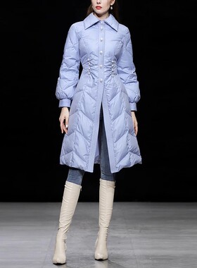 2025冬季新款时尚气质千鸟格翻领紫色收腰设计珍珠中长款羽绒服