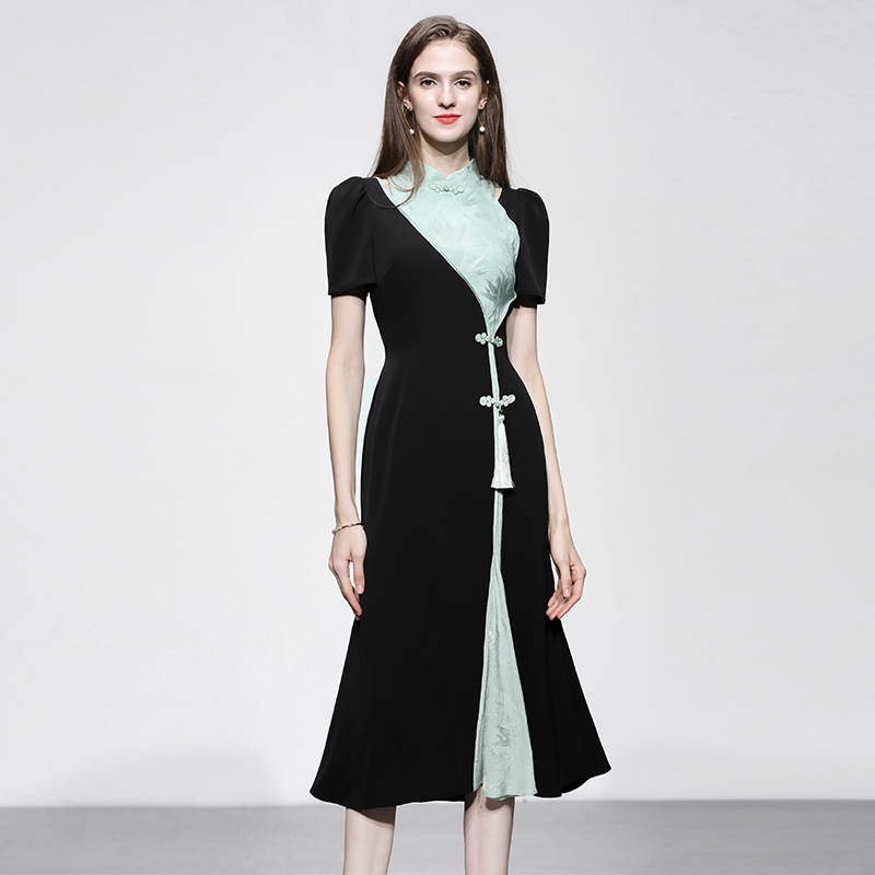 夏季女装2025新款气质黑绿撞色修身收腰显瘦旗袍连衣裙长裙女