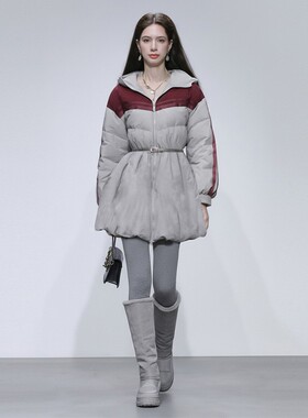 2025冬季新款时尚休闲连帽撞色灯笼袖收腰大摆白鸭绒羽绒服外套女