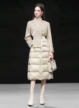20255冬新款时尚气质不规则拼接围脖中长收腰过膝羽绒服90白鸭绒