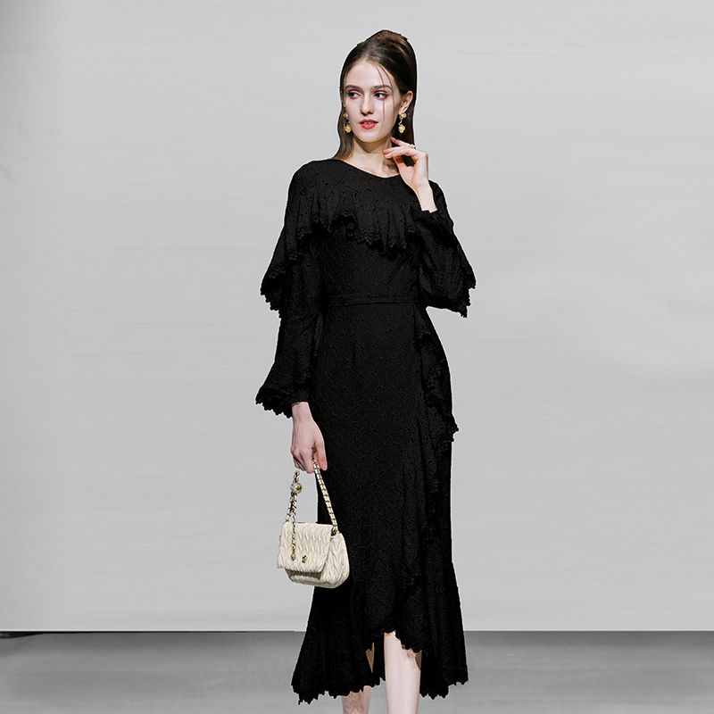 2025秋装新款欧美时尚浪漫蕾丝荷叶斜摆不规则修身显瘦鱼尾连衣裙