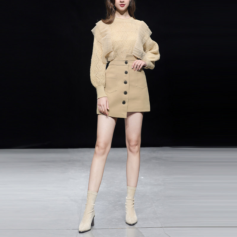 2022秋季新款时尚百搭通勤气质灯笼袖网纱花边针织套头上衣