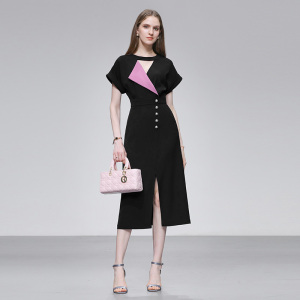 2026夏季新款时尚气质圆领撞色拼接收腰A摆开衩连衣裙