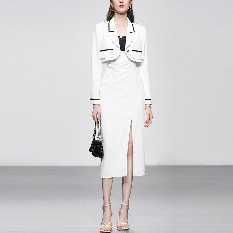 达菲时尚白色小西装短外套抹胸连衣裙包臀裙裙子套装2025秋冬新款