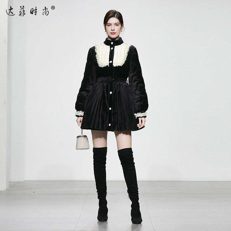 2025冬季新款复古时尚花边立领灯笼袖白鸭绒中长款羽绒服