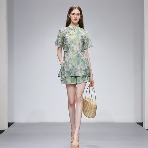 人棉印花新中式立领盘扣装饰