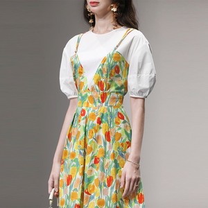 2025夏季新款浪漫法式假两件撞色灯笼袖收腰大摆印花衬衣连衣裙女