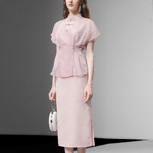 2026夏季新款挂脖女人复古立领旗袍连衣裙+宽松收腰外套罩衫套装