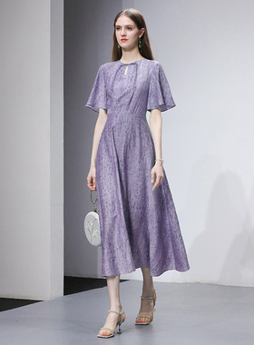 2025夏季新款气质圆领手工盘扣收腰大摆新中式紫色提花中长连衣裙