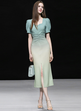 2025夏季新款连衣裙质感高级感抽褶蓝色渐变小众设计开衩长裙