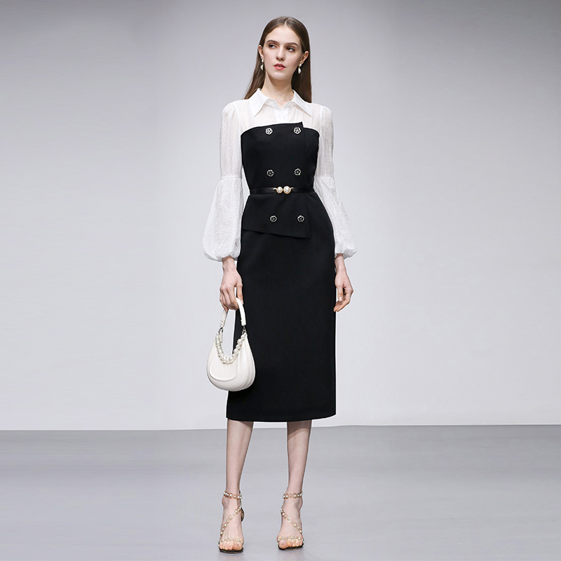 撞色拼接灯笼袖黑色收腰