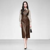 2025秋冬新款 优雅气质复古撞色拼接波点PU皮衬衣OL风显瘦连衣裙女