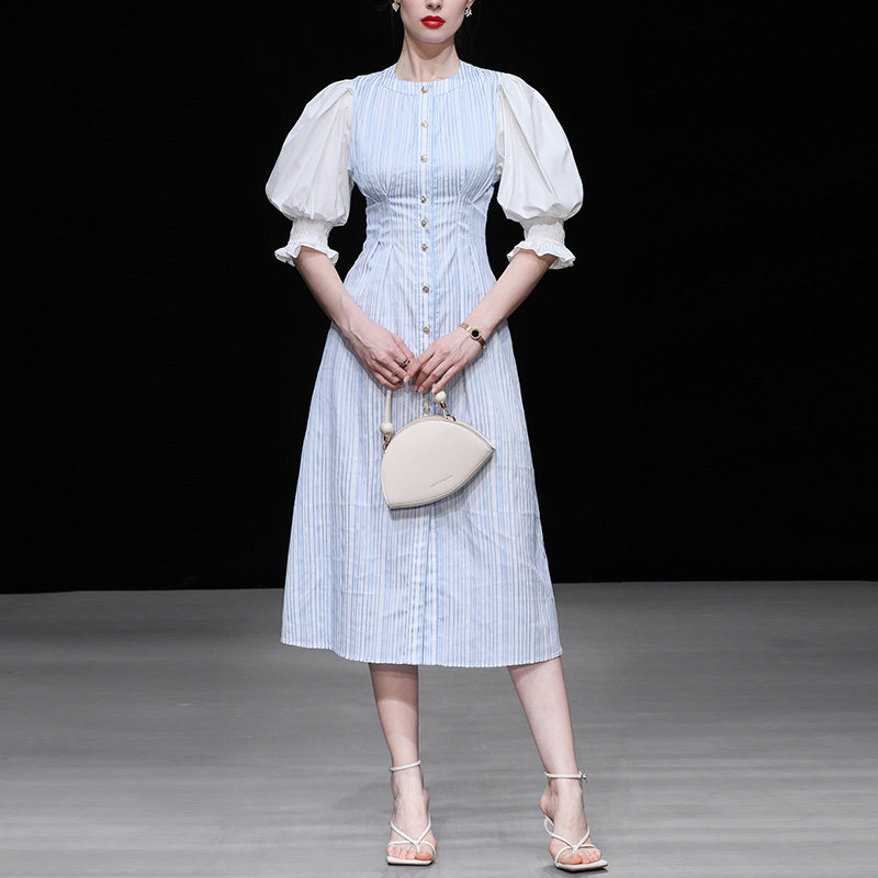 2026夏季新款女装蓝白立体条纹拼接衬衣裙法式灯笼袖短袖衬衣裙