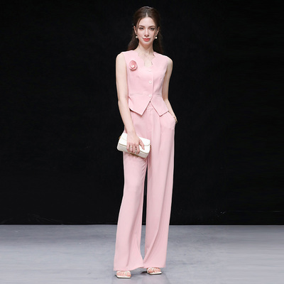 马甲上衣+高腰窄版阔腿西裤