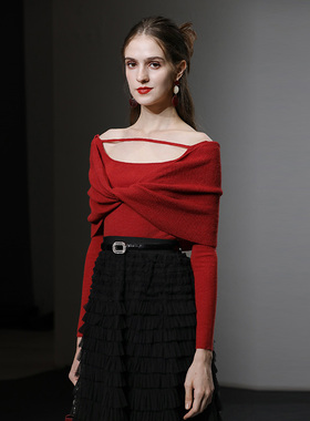 达菲时尚红色露锁骨一字肩针织衫女毛衣修身长袖气质性感别致上衣