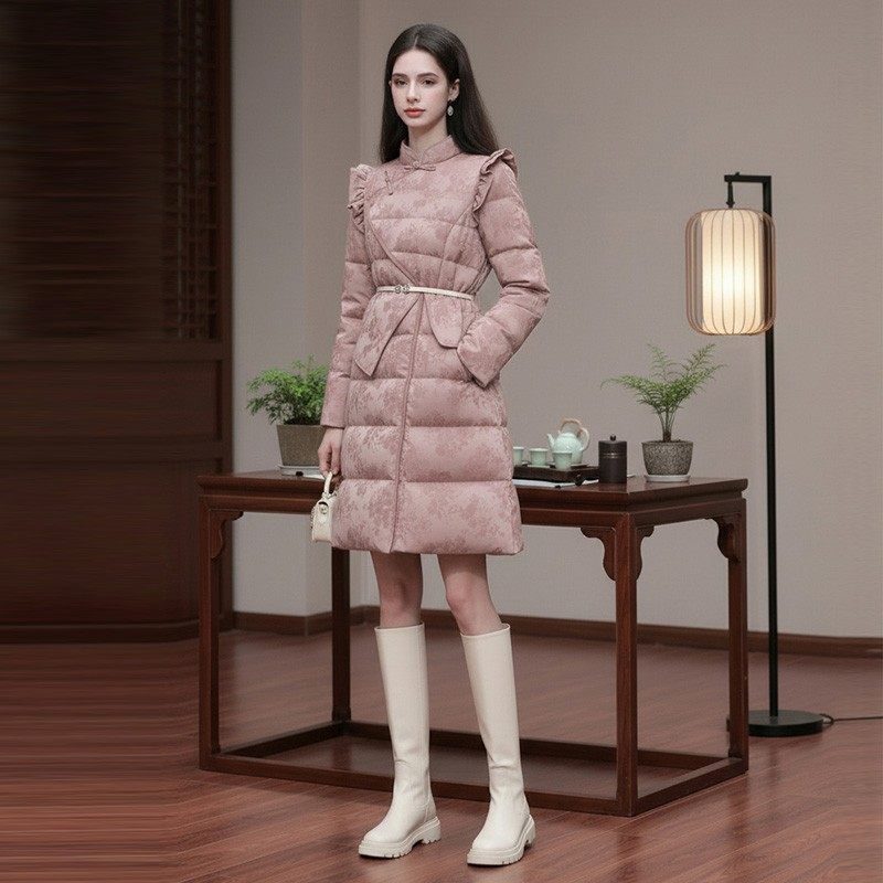2025年冬季新款新中式立领长袖收腰不规则设计A字提花羽绒服外套