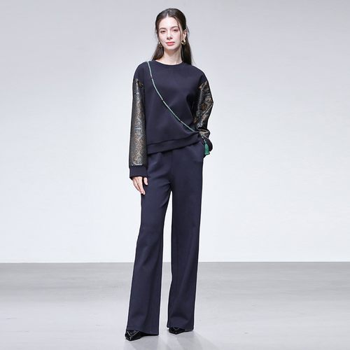 2025秋季新款时尚国风提花拼接圆领长袖卫衣+百搭阔腿裤长裤套装