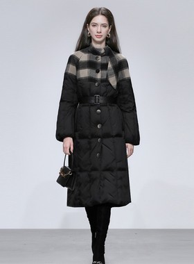 达菲时尚2025冬季新款气质优雅自带领巾灯笼袖黑色中长款羽绒服女