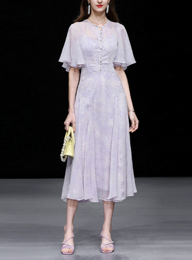 夏季女装2025新款气质浅紫色收腰显瘦印花雪纺连衣裙长裙仙女裙子