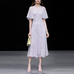 夏季女装2026新款气质浅紫色收腰显瘦印花雪纺连衣裙长裙仙女裙子