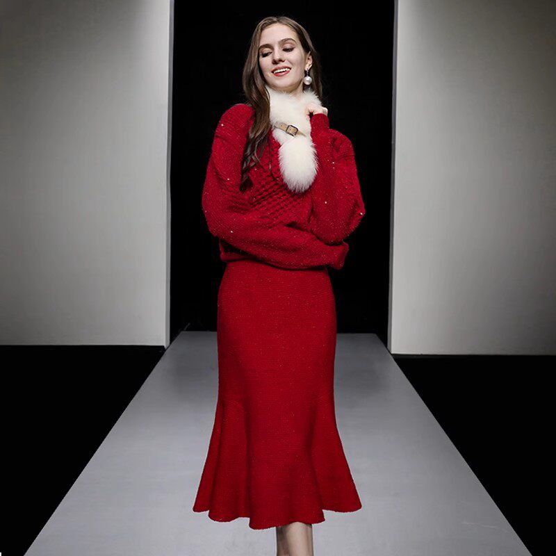 2025秋冬季新款圣诞新年会氛围感亮片红色加厚毛衣鱼尾半裙套装,女装/女士精品,时尚套装,淘宝优惠券,粉丝福利购,淘宝优惠卷