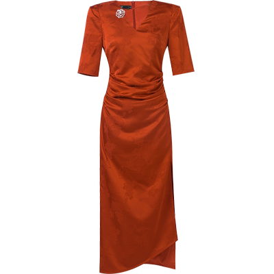 捏褶开衩不规则旗袍连衣裙