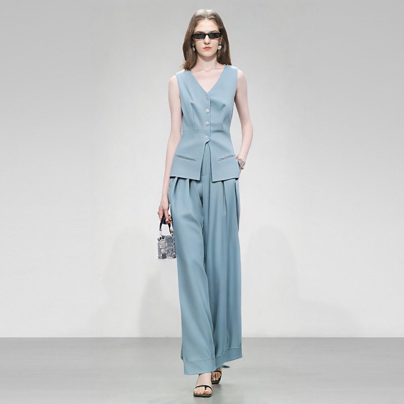 2026年夏季新款时尚V领无袖收腰显瘦马甲+高腰直筒阔腿裤西装套装