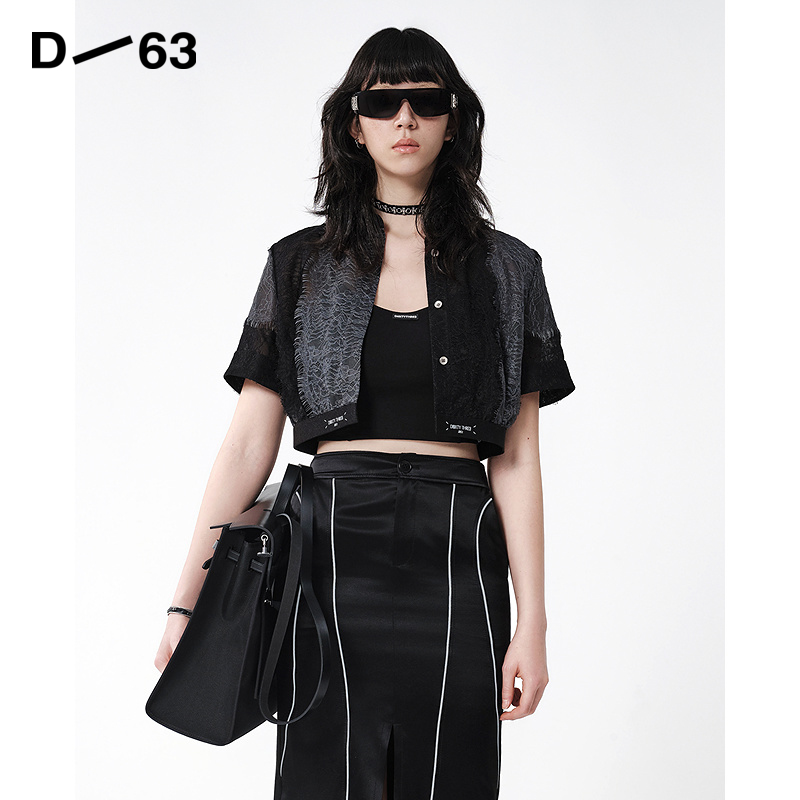 D63女装25夏季新款衬衫短外套蕾丝拼接设计日常通勤短袖上衣