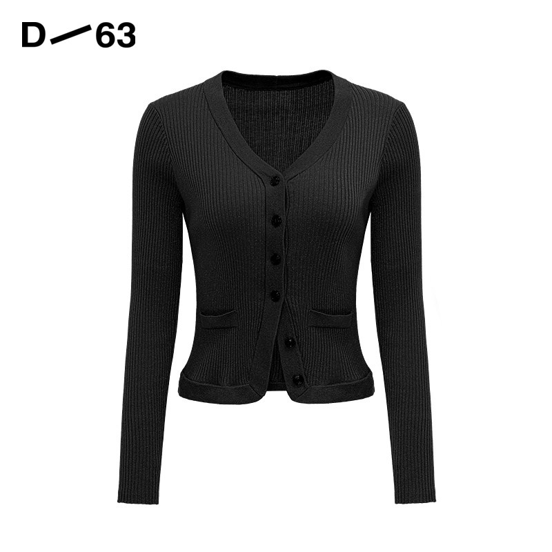 D63黑色V领短款针织开衫单排扣修身显瘦毛衣外套通勤长袖上衣女