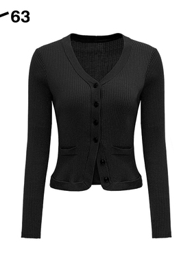 D63黑色V领短款针织开衫单排扣修身显瘦毛衣外套通勤长袖上衣女