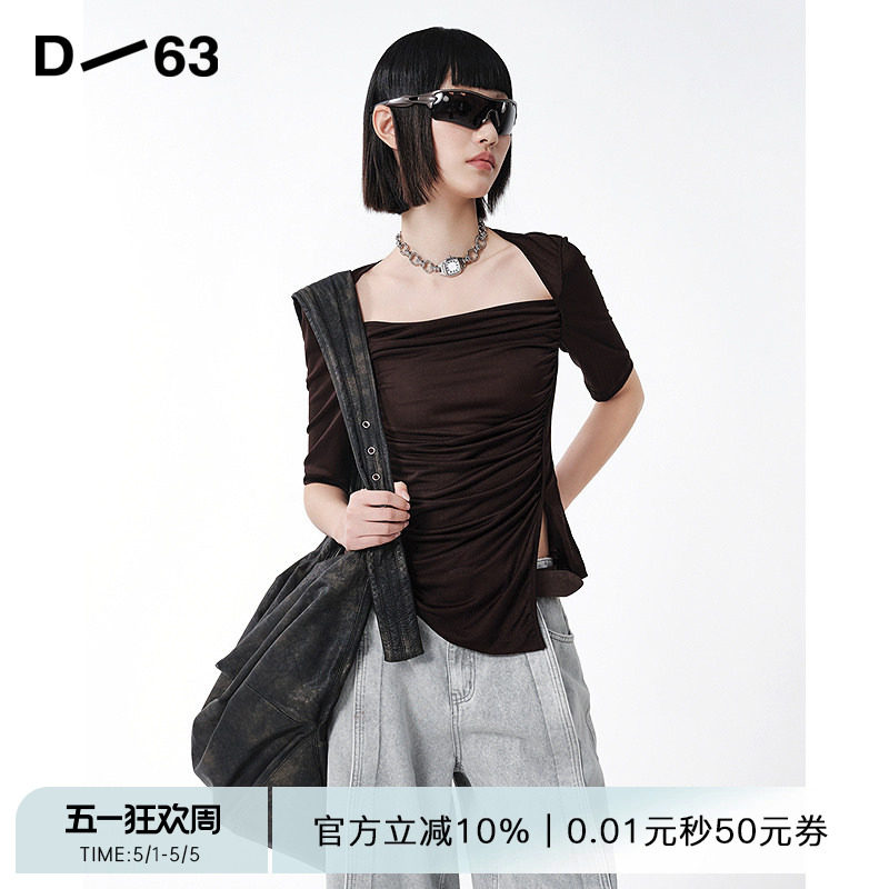D63女装夏季新款套头上衣不规则褶皱简约开衫短袖潮流时尚T恤