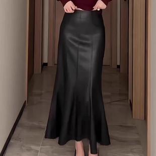 黑色pu皮鱼尾半身裙女2025新款秋冬季高腰显瘦包臀a字裙长款皮裙