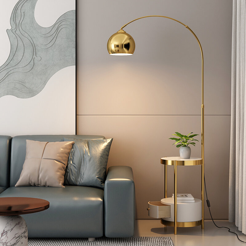 钓鱼灯落地灯客厅沙发边几北欧轻奢卧室床头柜置物架一体立式台灯